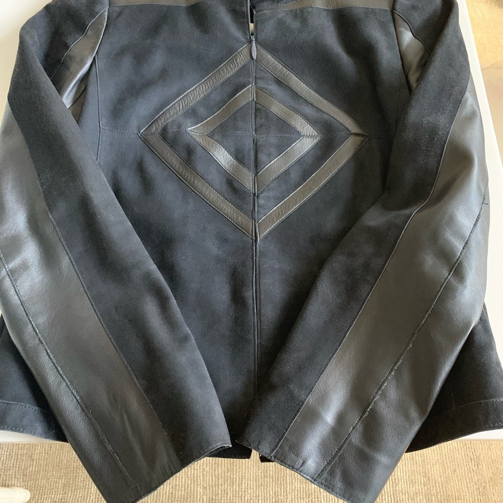 AKRIS Black lamb Leather Jacket with Geometric Design